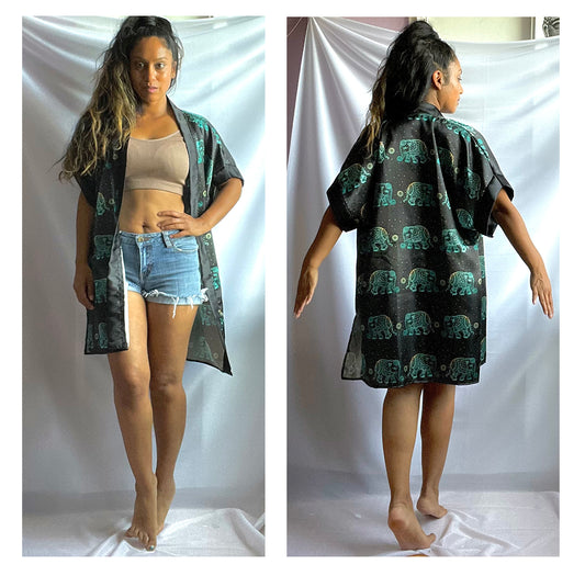 elephant, animal art, robe, lounge wear, evening, casual wear, beach wear, summer wear, summer style, handmade, fashion art