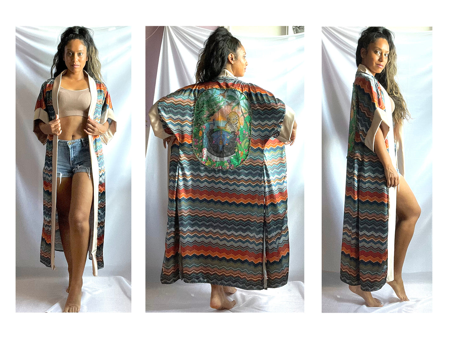 Robe, fashion art, paradise, hand made, hand embellished, loungewear, bespoke, heavy satin, satin, sunset, summer wear, summer looks, evening, casual, luxury fashion, fashion, fashion designer