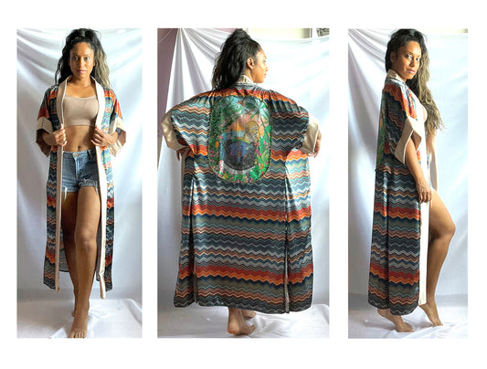 Robe, fashion art, paradise, hand made, hand embellished, loungewear, bespoke, heavy satin, satin, sunset, summer wear, summer looks, evening, casual, luxury fashion, fashion, fashion designer