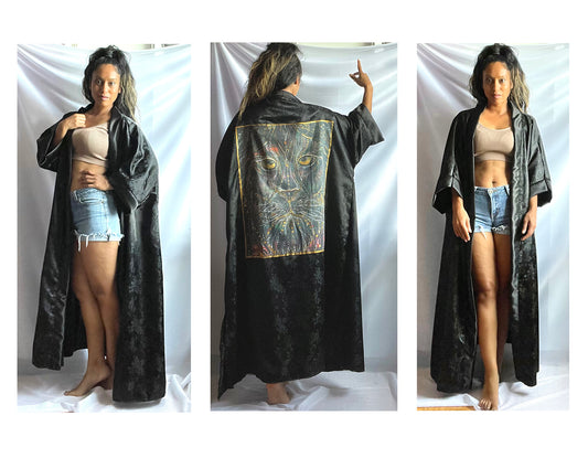 robe, lion, handmade, satin, casual, evening, evening wear, black, fashion art,