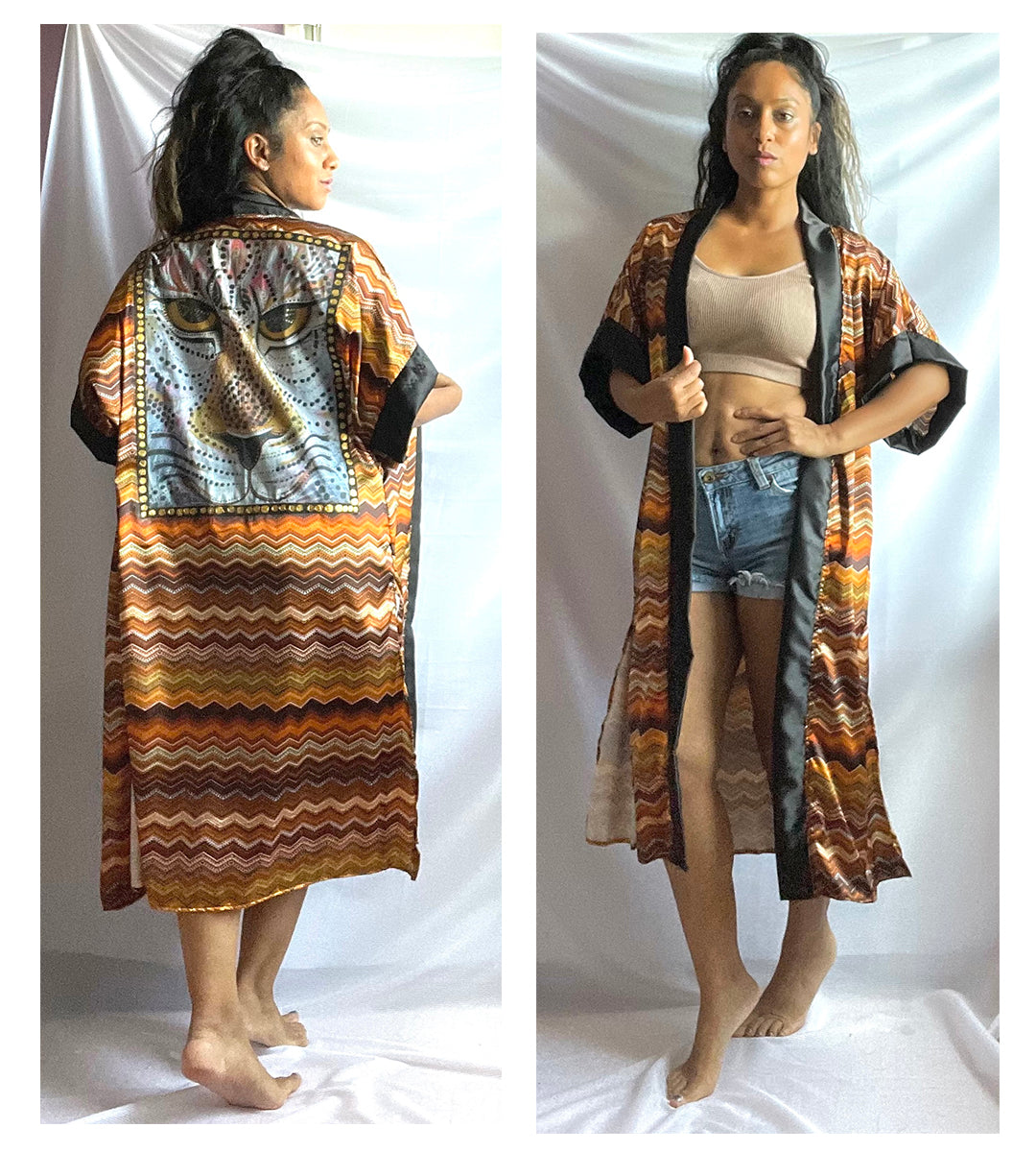 Jaguar, robe, lounge wear, fashion art, hand sewn, boho, summer looks, summer wear, evening wear, casual, satin, sunset, animal art
