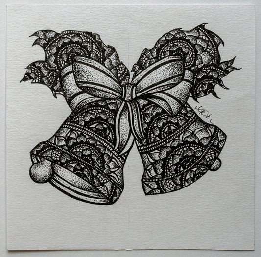 Ink illustration, dot work, pointillism, christmas, mandala, mandala art, wall art, wall decor, contemporary art, art gallery, boho, jingle bells