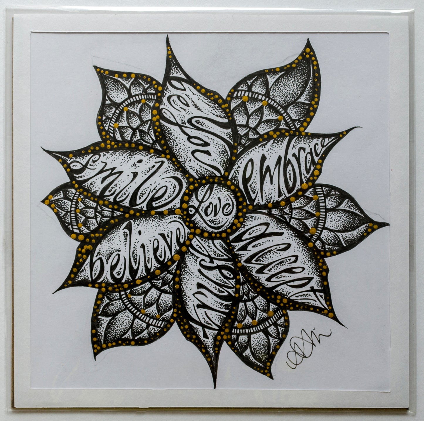 Self love, affirmations, flower, stippled, fine art, ink art, contemporary art, wall art, art gallery, art lovers, mandala art, dot work, pointillism