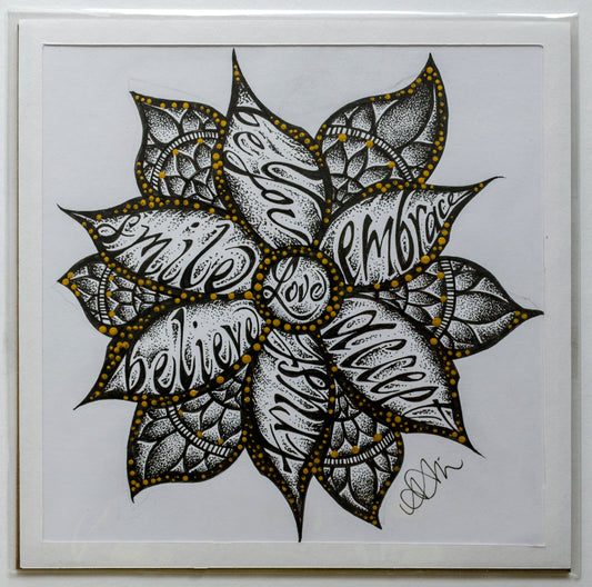 Self love, affirmations, flower, stippled, fine art, ink art, contemporary art, wall art, art gallery, art lovers, mandala art, dot work, pointillism
