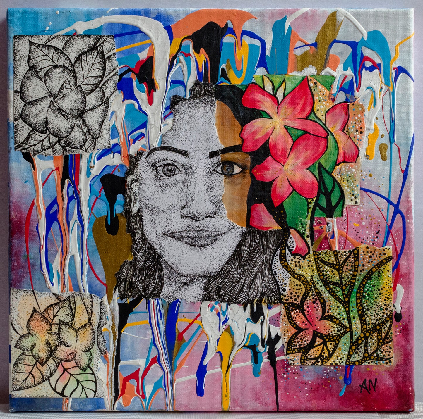 Portrait, self portrait, mixed media, painting, stippled ink, pointillism, abstract art, contemporary art, art gallery, wall art, wall decor