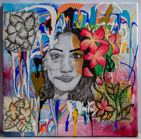 Portrait, self portrait, mixed media, painting, stippled ink, pointillism, abstract art, contemporary art, art gallery, wall art, wall decor