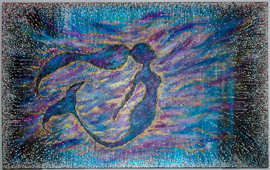 painting, stippled ink, pointillism, abstract art, contemporary art, art gallery, wall art, wall decor, mermaid, fantasy, wild heart, pointillism