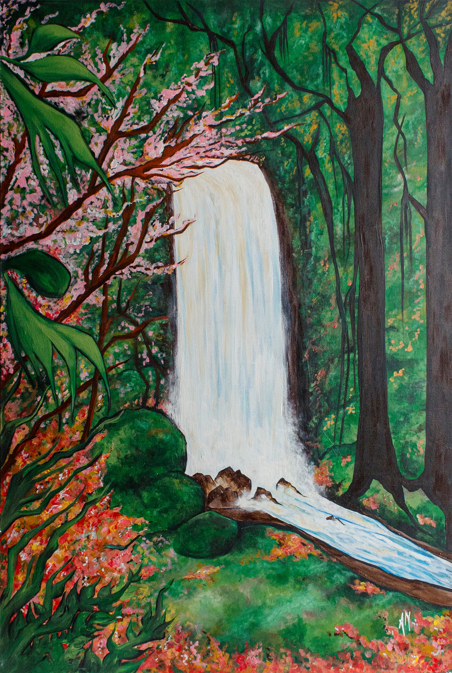 Landscape, tropical, rainforest, trees, plants, waterfall, exotic, flora and fauna, painting, contemporary art, fine art, canvas, wall art, wall decor, art collector, colours