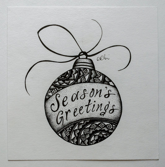 Season’s greetings, holiday, ornament, mandala art, sacred geometry, black and white, stipple, pointillism, dot work, ink art, contemporary art, wall art, decor, art gallery