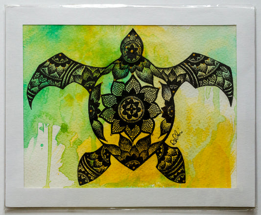 Turtle, tortoise, marine life, sea life, sea animals, animal art, wild heart, free spirit, mandala, stippled ink, stipple, pointillism, dot work, fine art, contemporary art, art gallery, art collector, mixed media, sea turtle