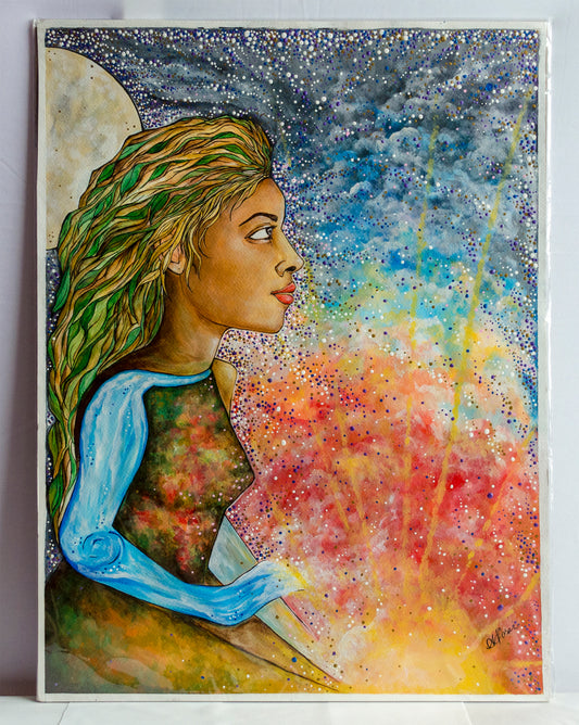 Landscape, tropical, trees, plants, flora, surrealism, portrait, Sun and moon, painting, contemporary art, fine art, canvas, wall art, wall decor, art collector, colours