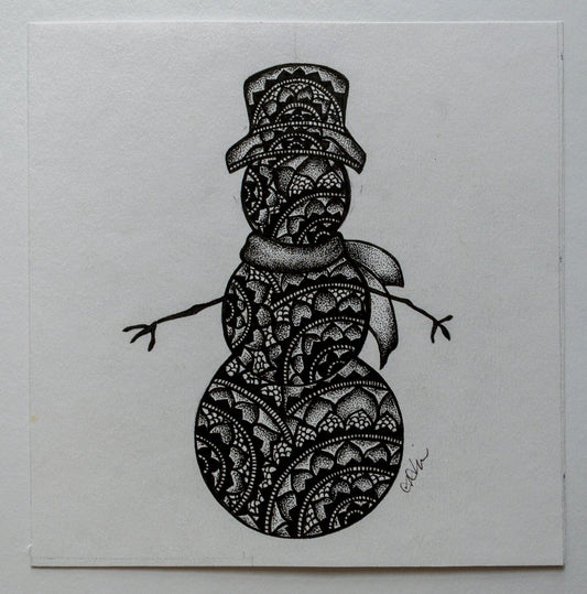 Snowman, winter, mandala art, sacred geometry, black and white, stipple, pointillism, dot work, ink art, contemporary art, wall art, decor, art gallery