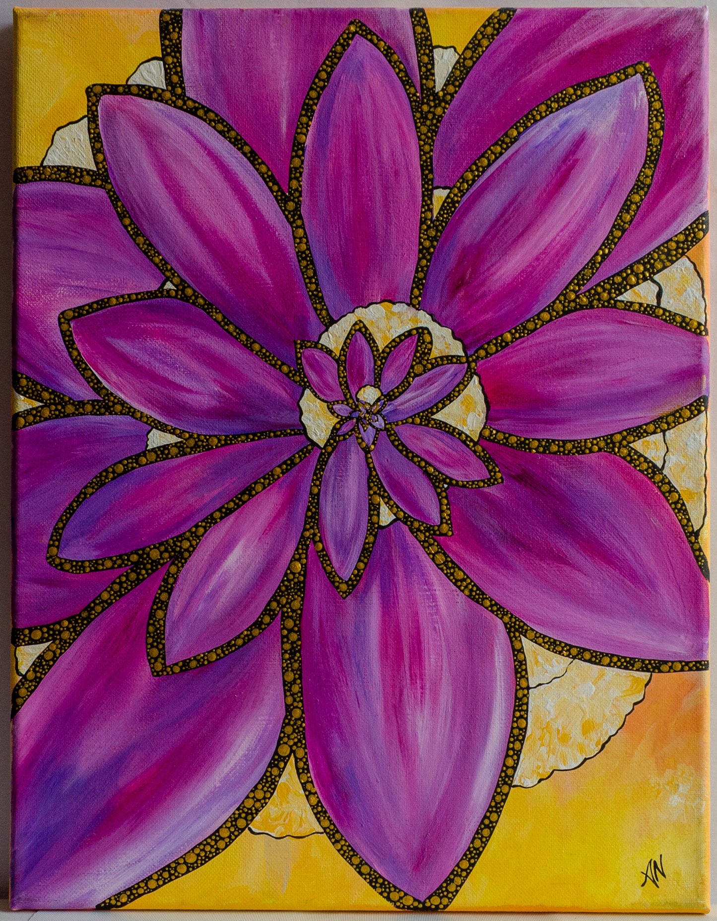 tropical, flora, pointillism, yellow, purple, spiral, painting, contemporary art, fine art, canvas, wall art, wall decor, art collector, colours