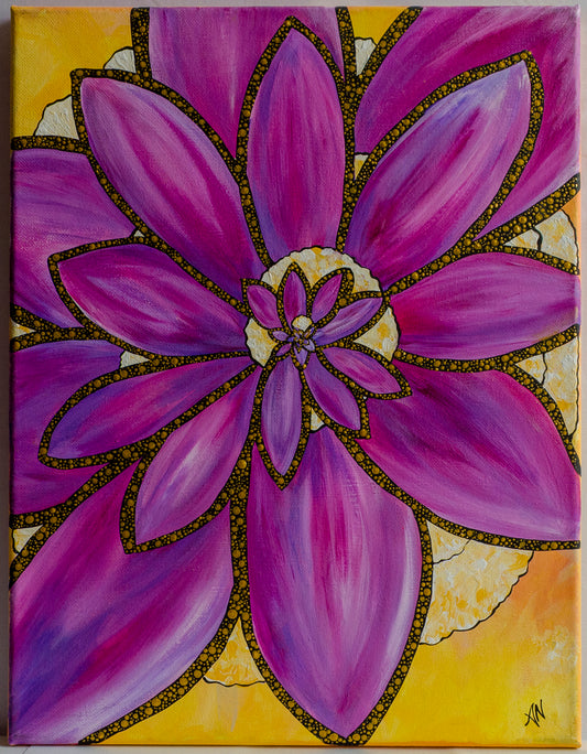 tropical, flora, pointillism, yellow, purple, spiral, painting, contemporary art, fine art, canvas, wall art, wall decor, art collector, colours