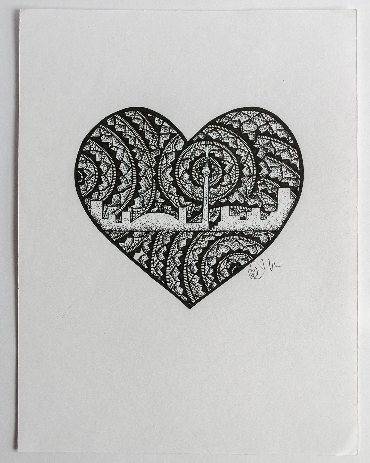 Cityscape, skyline, hearts, mandala, stippled ink, stipple, pointillism, dot work, fine art, contemporary art, art gallery, art collector