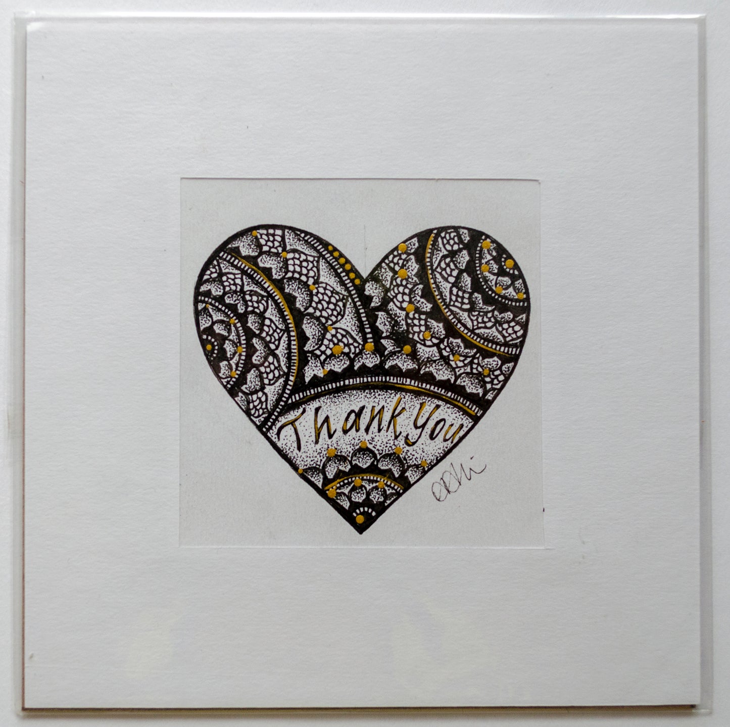 Thank you, lettering, gratitude, greeting card, hearts, mandala, stippled ink, stipple, pointillism, dot work, fine art, contemporary art, art gallery, art collector