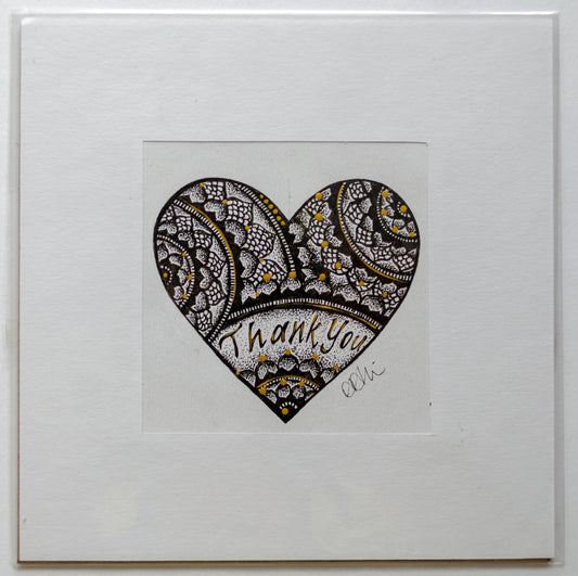 Thank you, lettering, gratitude, greeting card, hearts, mandala, stippled ink, stipple, pointillism, dot work, fine art, contemporary art, art gallery, art collector