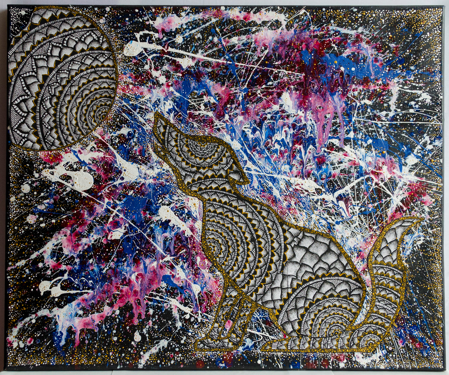 Wolf, full moon, mixed media, stippled ink, pointillism, collage, abstract art, contemporary art, wall art, wall decor, fine art