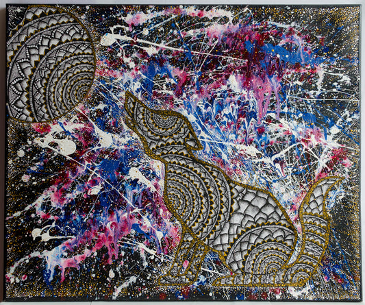 Wolf, full moon, mixed media, stippled ink, pointillism, collage, abstract art, contemporary art, wall art, wall decor, fine art