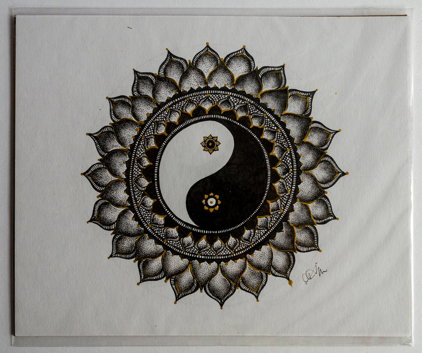 Yin Yang, mandala, stippled ink, stipple, pointillism, dot work, fine art, contemporary art, art gallery, art collector, mixed media
