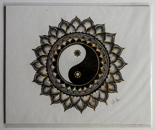 Yin Yang, mandala, stippled ink, stipple, pointillism, dot work, fine art, contemporary art, art gallery, art collector, mixed media