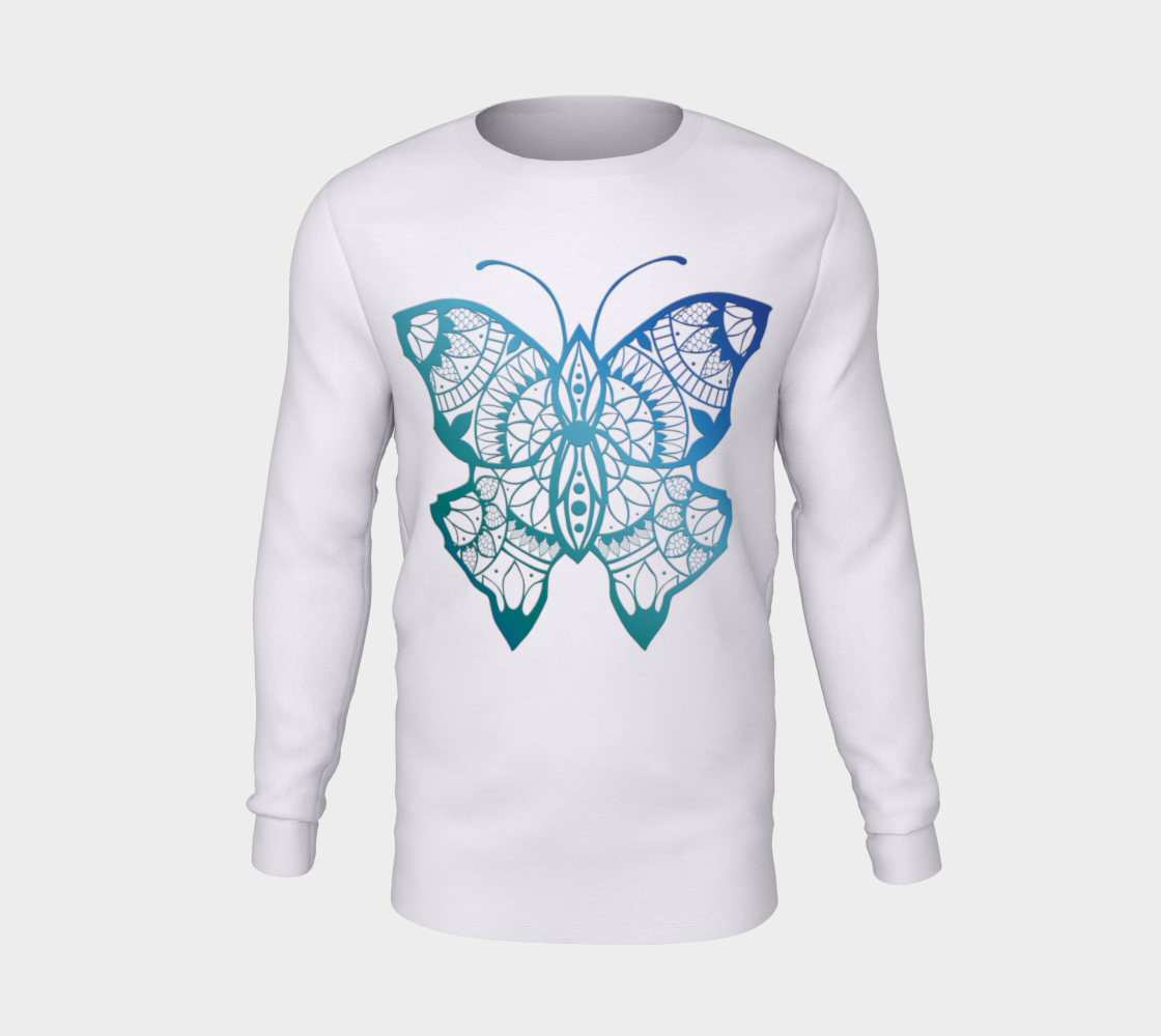 butterfly, animals, blue, mandala, long sleeve, crew neck, long sleeve, sweater, fall fashion, winter wear, fashion art, unisex