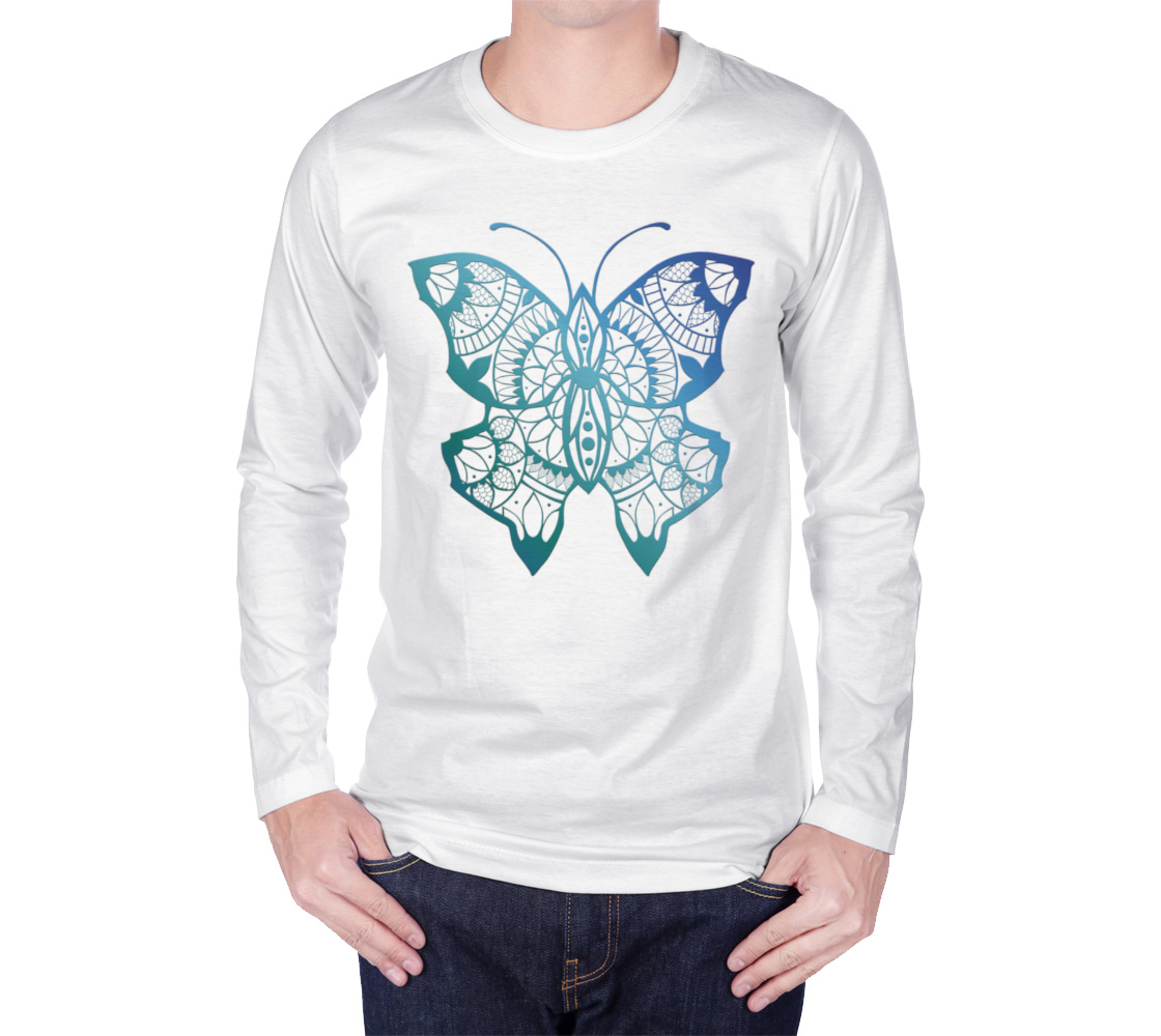 butterfly, animals, blue, mandala, long sleeve, crew neck, long sleeve, sweater, fall fashion, winter wear, fashion art, unisex