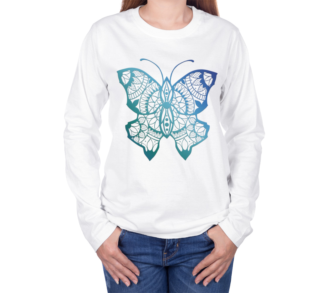 butterfly, animals, blue, mandala, long sleeve, crew neck, long sleeve, sweater, fall fashion, winter wear, fashion art, unisex