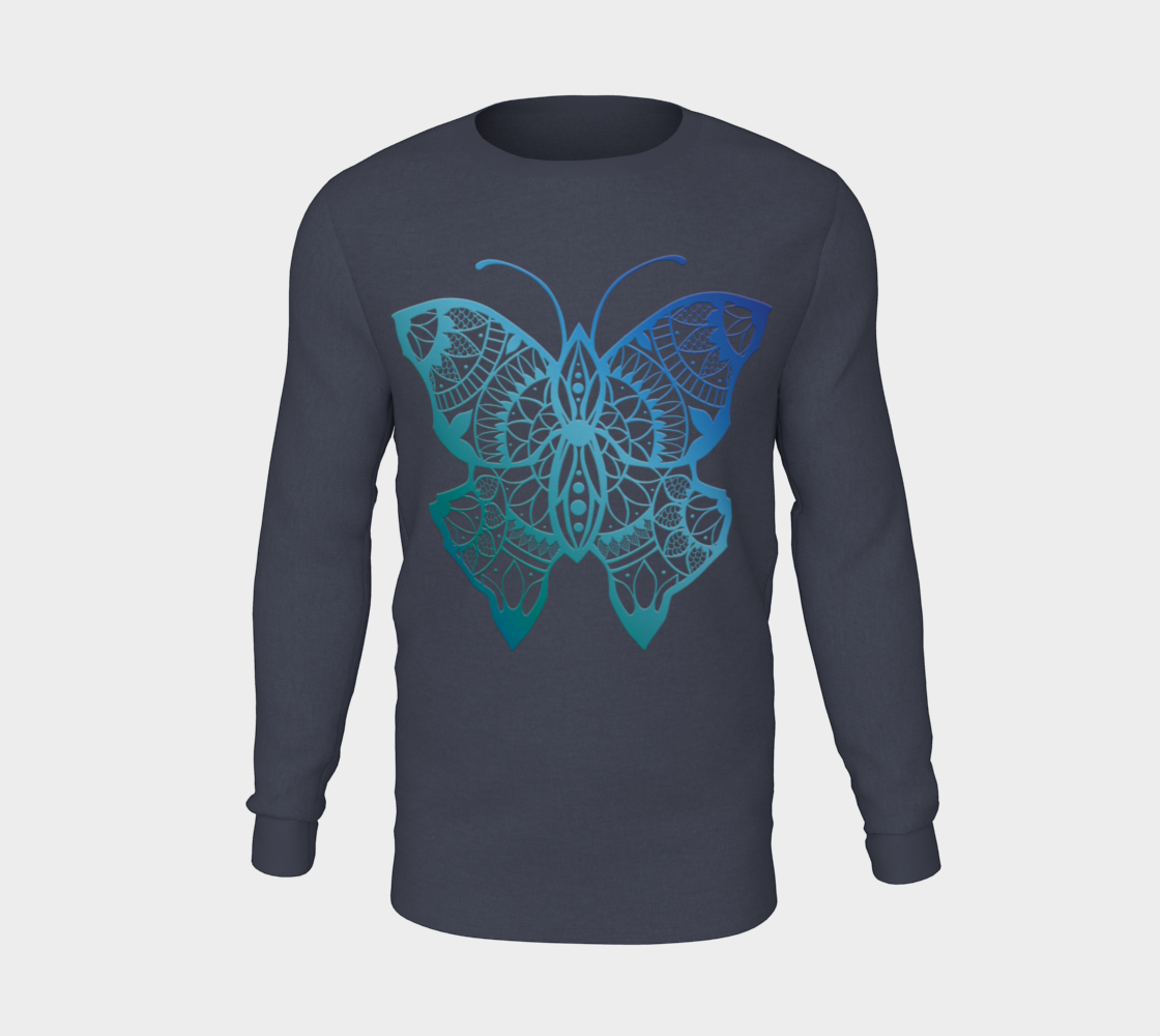 butterfly, animals, blue, mandala, long sleeve, crew neck, long sleeve, sweater, fall fashion, winter wear, fashion art, unisex
