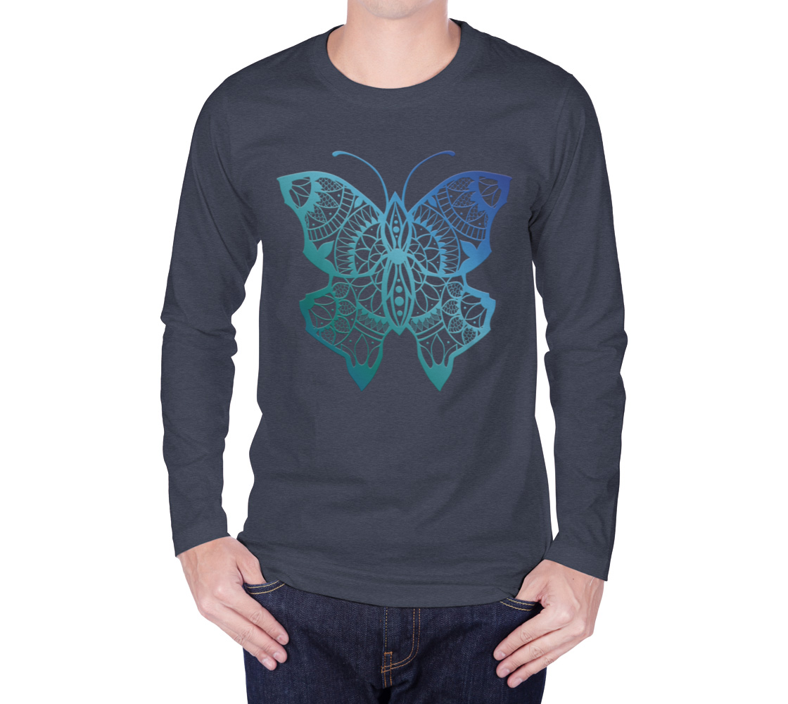 butterfly, animals, blue, mandala, long sleeve, crew neck, long sleeve, sweater, fall fashion, winter wear, fashion art, unisex
