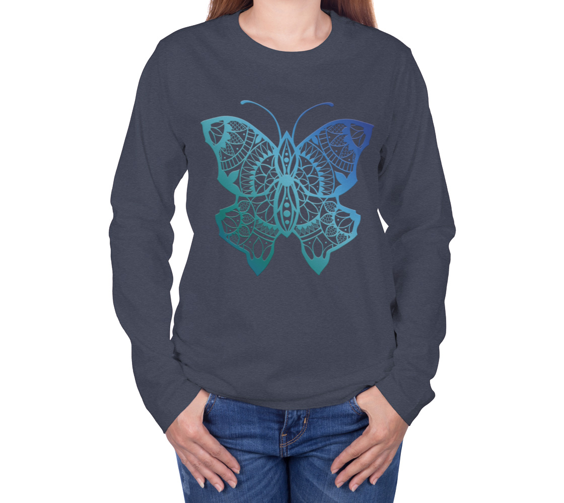 butterfly, animals, blue, mandala, long sleeve, crew neck, long sleeve, sweater, fall fashion, winter wear, fashion art, unisex
