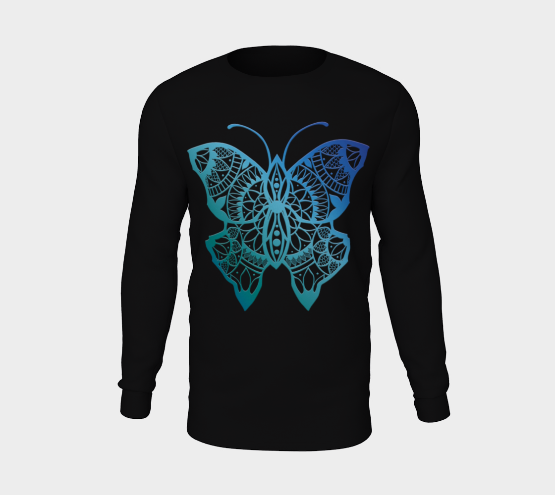 butterfly, animals, blue, mandala, long sleeve, crew neck, long sleeve, sweater, fall fashion, winter wear, fashion art, unisex