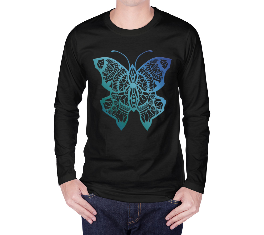 butterfly, animals, blue, mandala, long sleeve, crew neck, long sleeve, sweater, fall fashion, winter wear, fashion art, unisex