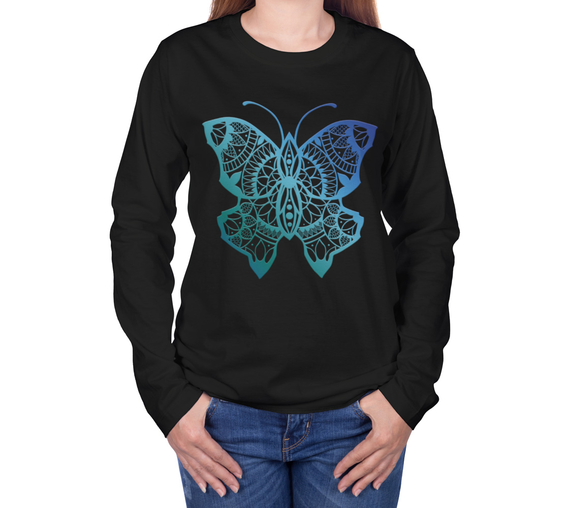 butterfly, animals, blue, mandala, long sleeve, crew neck, long sleeve, sweater, fall fashion, winter wear, fashion art, unisex