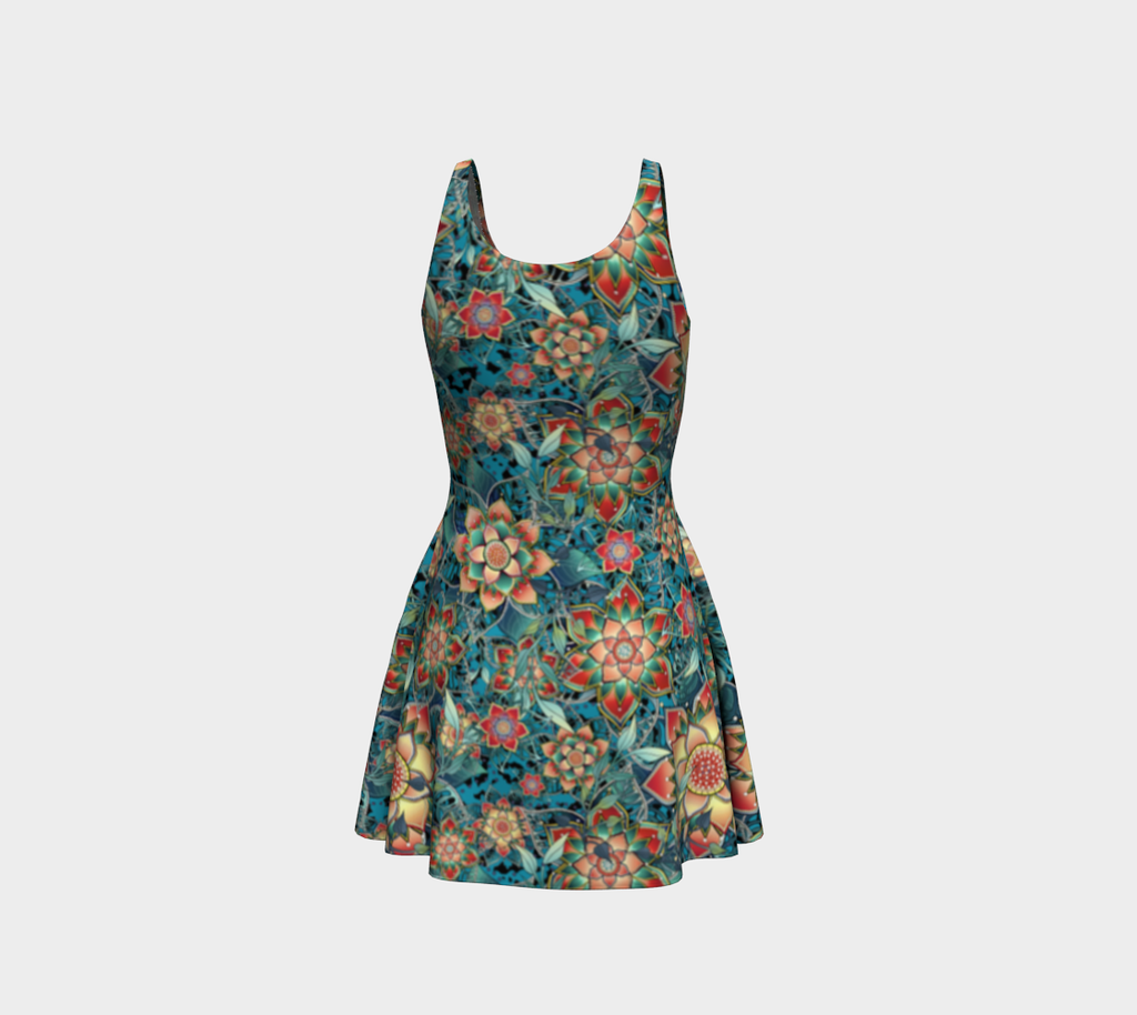 TEAL TROPICAL ORANGE  FLARE DRESS