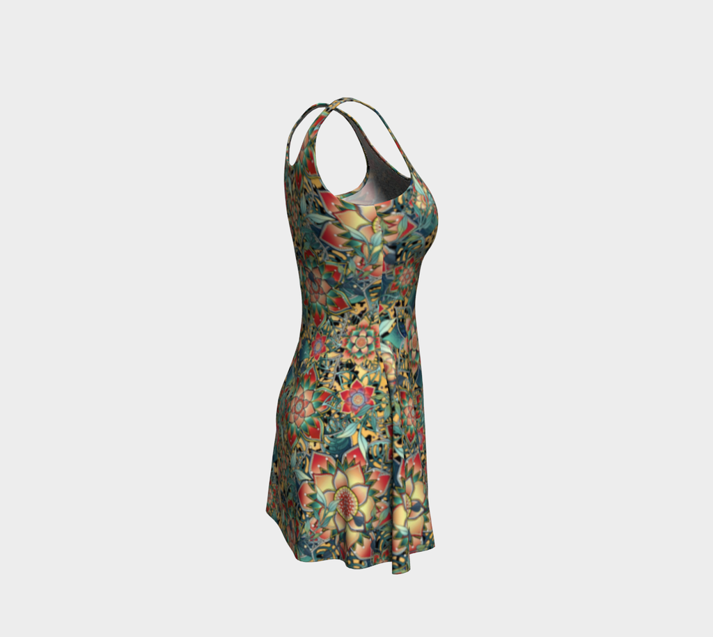 PALE GOLD TROPICAL ORANGE FLARE DRESS