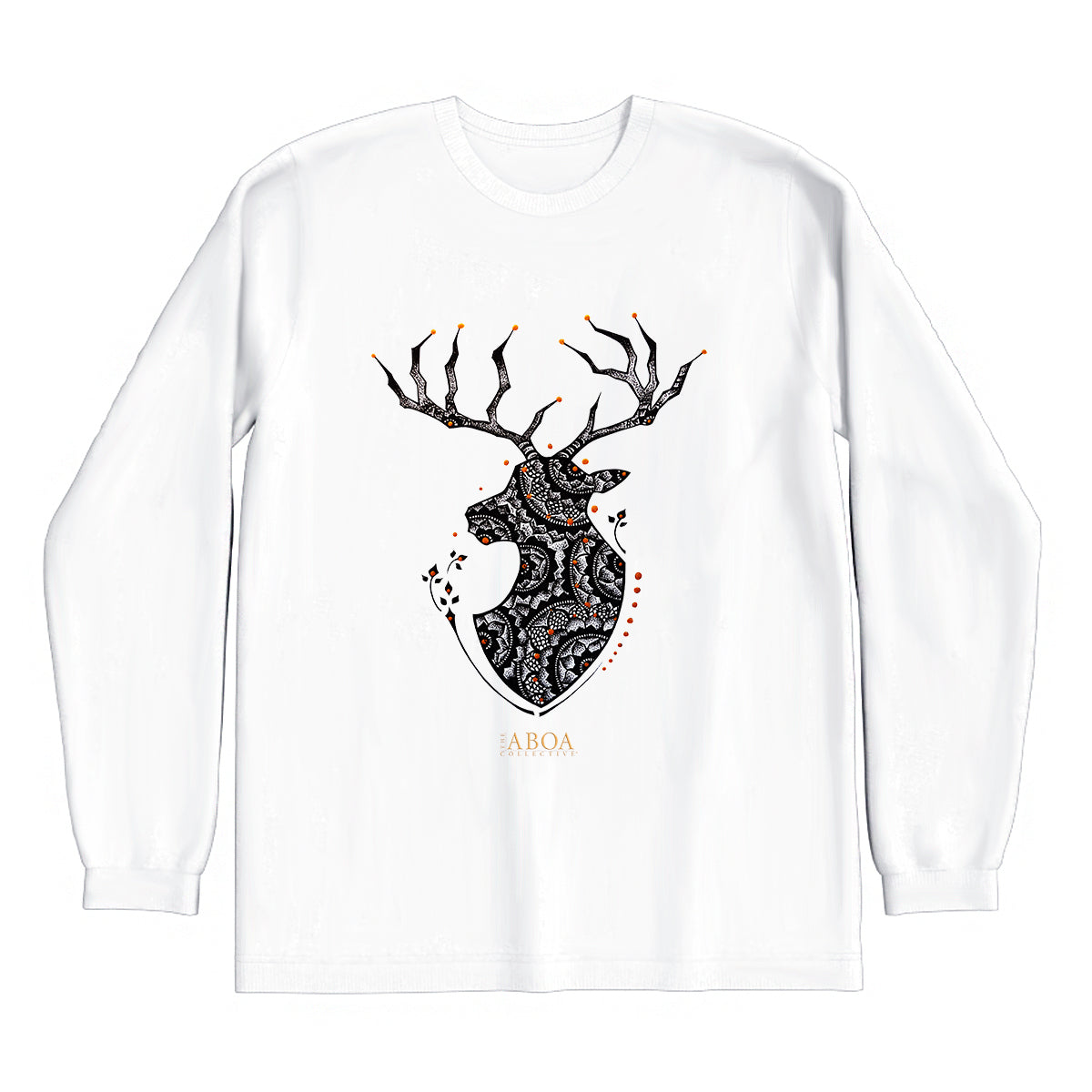 lifestyle apparel, casual clothing, unisex, buck, deer, reindeer, mandala, stippled ink, ink art, pointillism, dot work, animal art, long sleeve, long sleeve tee, winter wear, winter fashion, streetwear