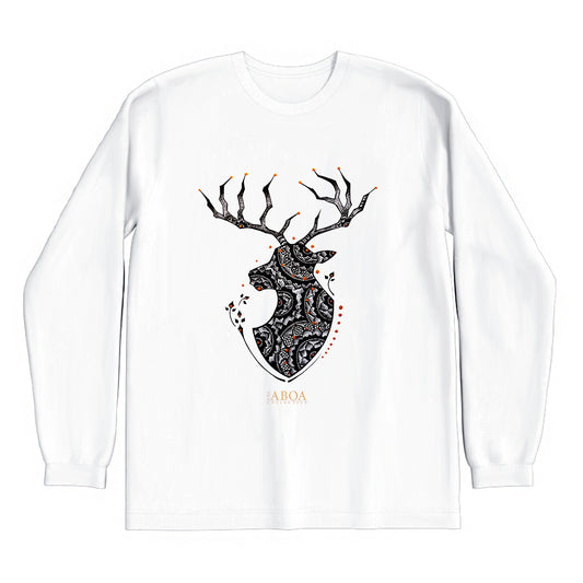 lifestyle apparel, casual clothing, unisex, buck, deer, reindeer, mandala, stippled ink, ink art, pointillism, dot work, animal art, long sleeve, long sleeve tee, winter wear, winter fashion, streetwear