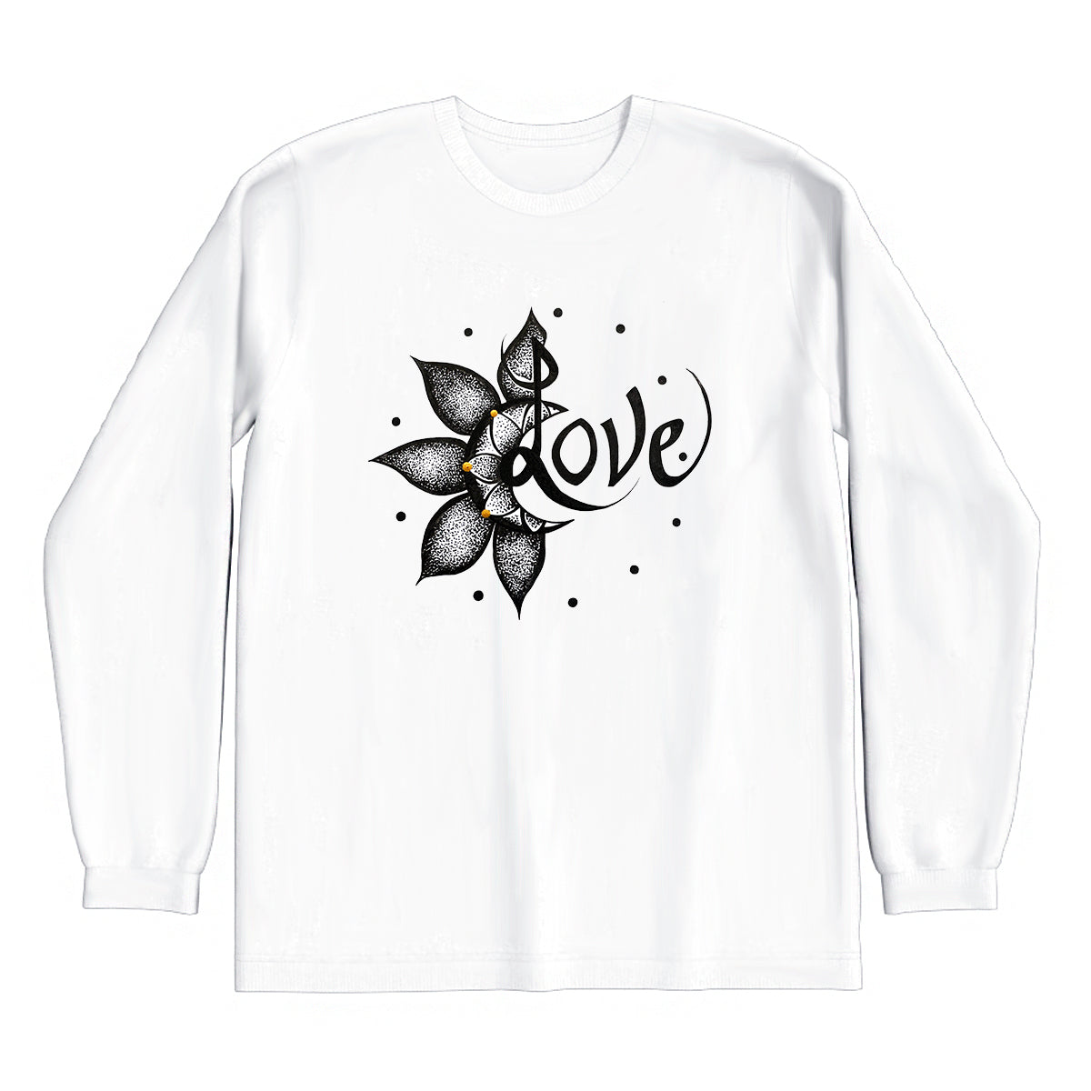 lifestyle apparel, casual clothing, unisex, stippled ink, ink art, pointillism, dot work, flower art, love, black and white, long sleeve, long sleeve tee, winter wear, winter fashion, winter looks, streetwear