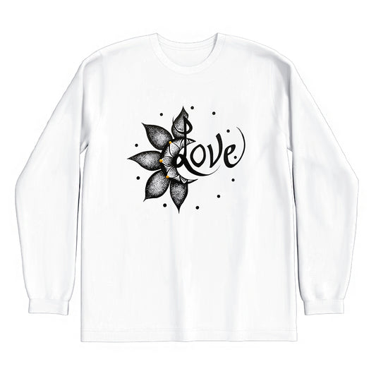lifestyle apparel, casual clothing, unisex, stippled ink, ink art, pointillism, dot work, flower art, love, black and white, long sleeve, long sleeve tee, winter wear, winter fashion, winter looks, streetwear
