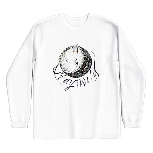 lifestyle apparel, casual clothing, unisex, stippled ink, ink art, pointillism, dot work, moon, loon lovers, mandala, love, black and white, stay wild, stipple, wild heart, free spirit, long sleeve, long sleeve tee, winter looks, winter fashion, winter wear, streetwear
