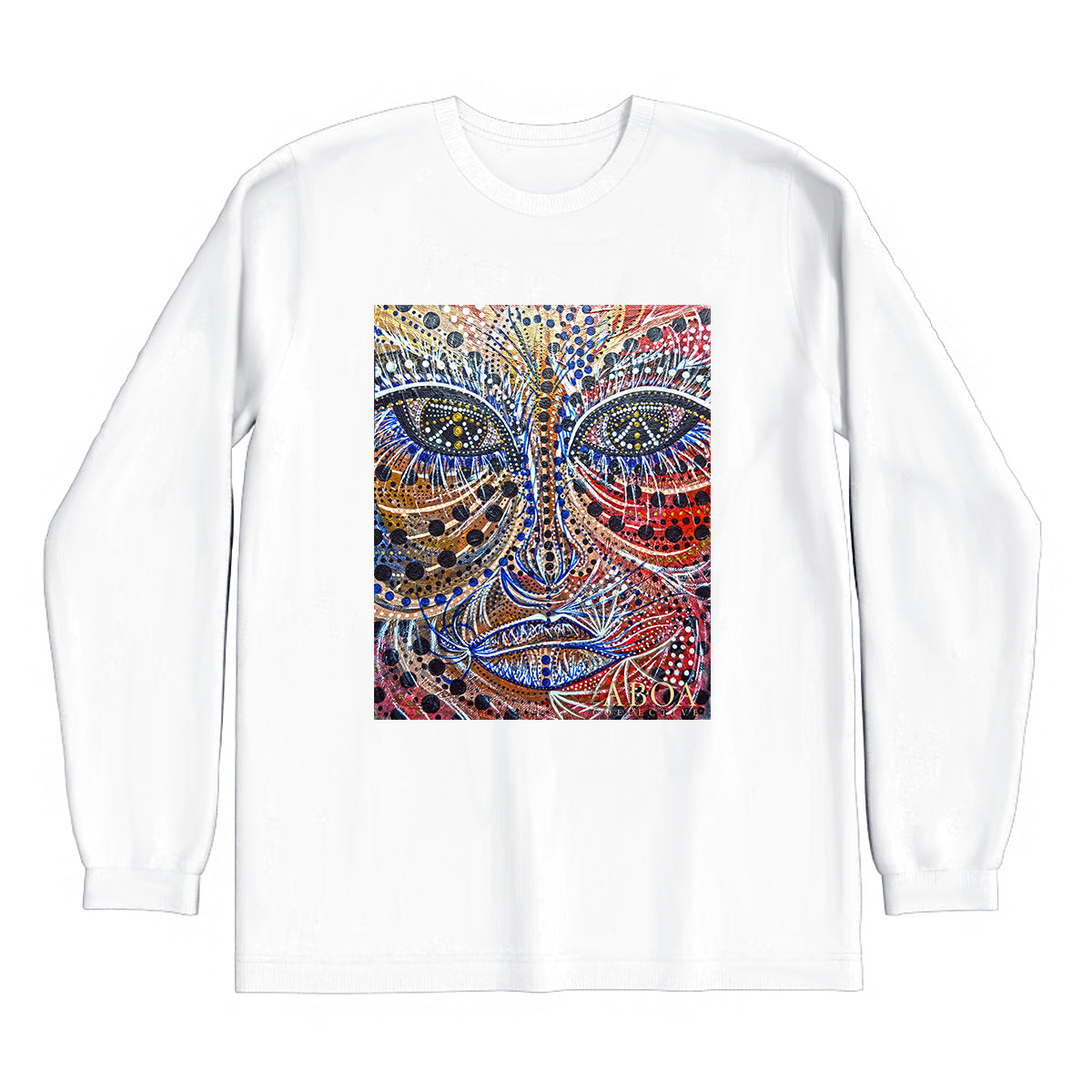 lifestyle apparel, casual clothing, unisex, stippled ink, ink art, pointillism, dot work, portrait, abstract portrait, pointillism, spirituality, rawness, earthly, spirit, colours, bold, fierce, energy, long sleeve, long sleeve tee, winter looks, winter fashion, winter wear, streetwear