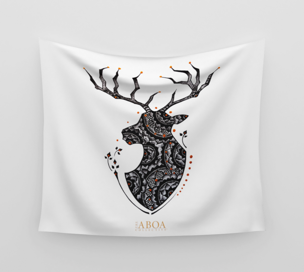 TAPESTRY, WALL TAPESTRY, WALL ART, DECOR, HOME, ART PRINT, CONTEMPORARY ART, BUCK, MOOSE, ANIMAL ART, MANDALA ART, STIPPLE INK, CONTEMPORARY ART