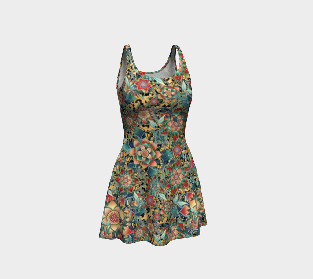 PALE GOLD TROPICAL ORANGE FLARE DRESS