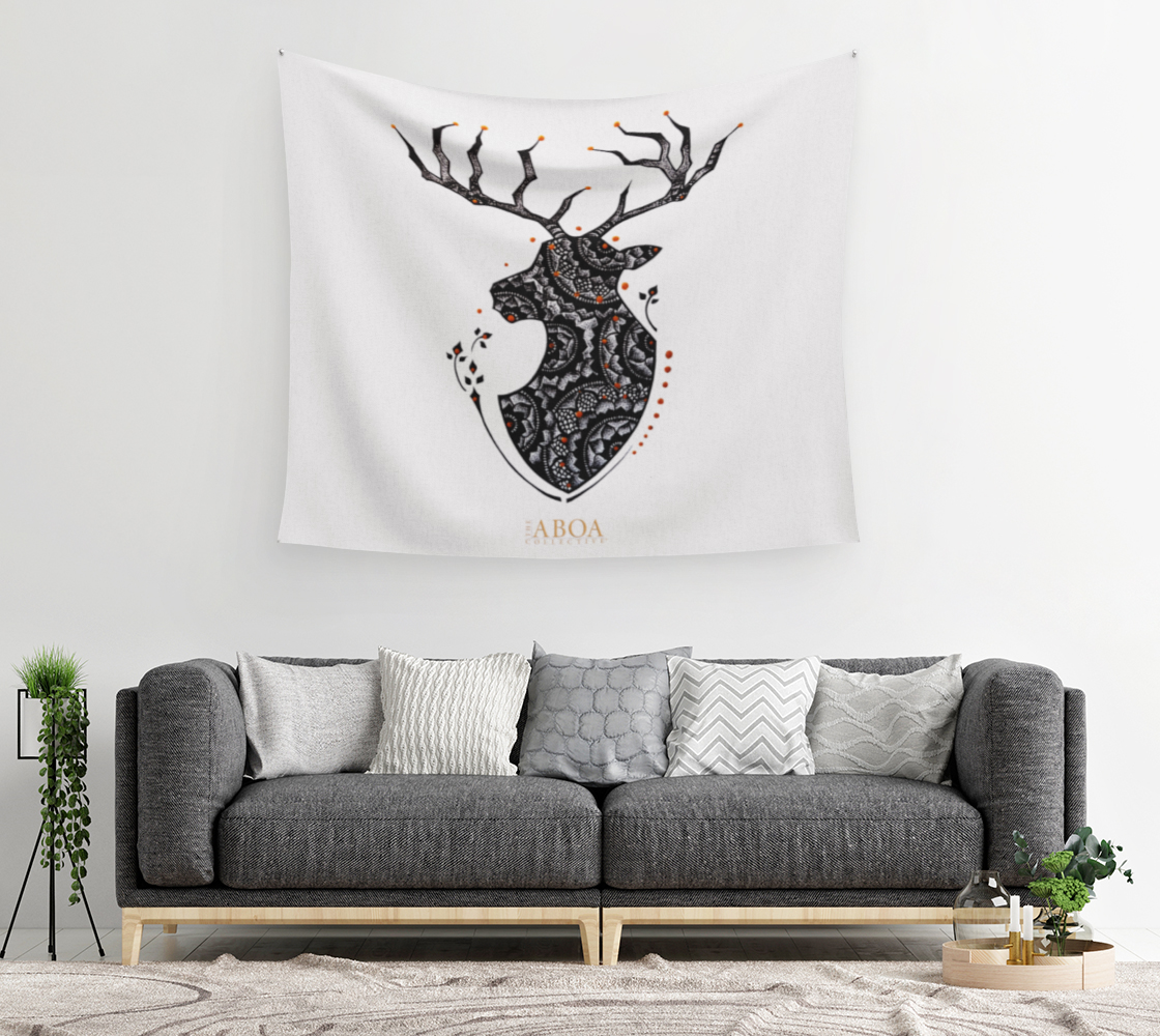 TAPESTRY, WALL TAPESTRY, WALL ART, DECOR, HOME, ART PRINT, CONTEMPORARY ART, BUCK, MOOSE, ANIMAL ART, MANDALA ART, STIPPLE INK, CONTEMPORARY ART
