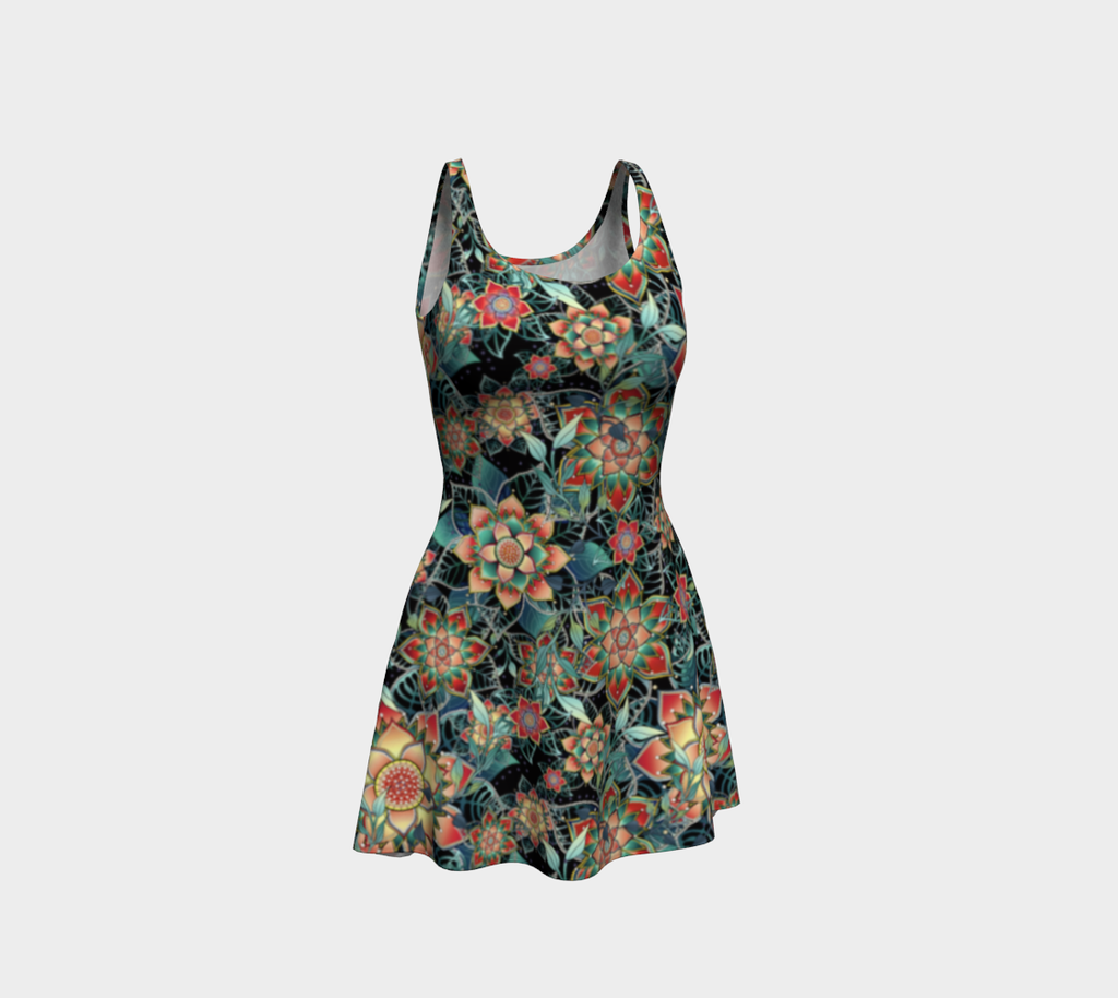 BLACK TROPICAL ORANGE FLARE DRESS