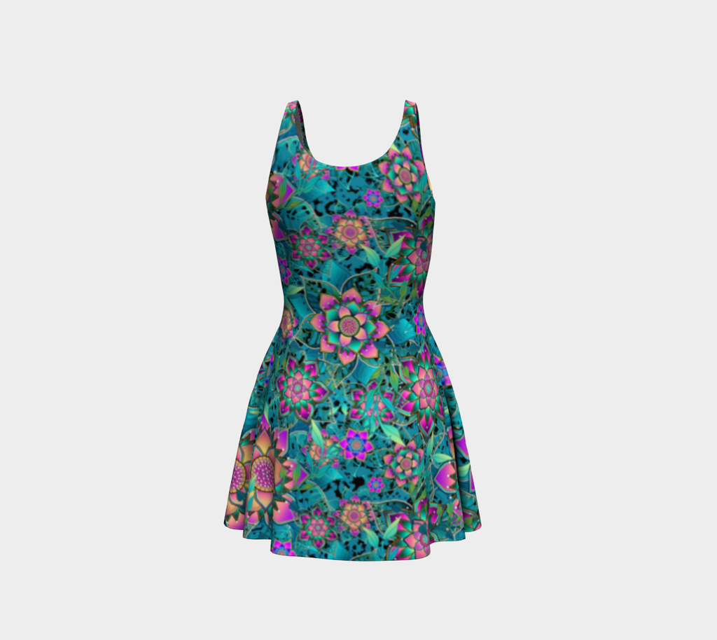 TEAL TROPICAL  FLARE DRESS