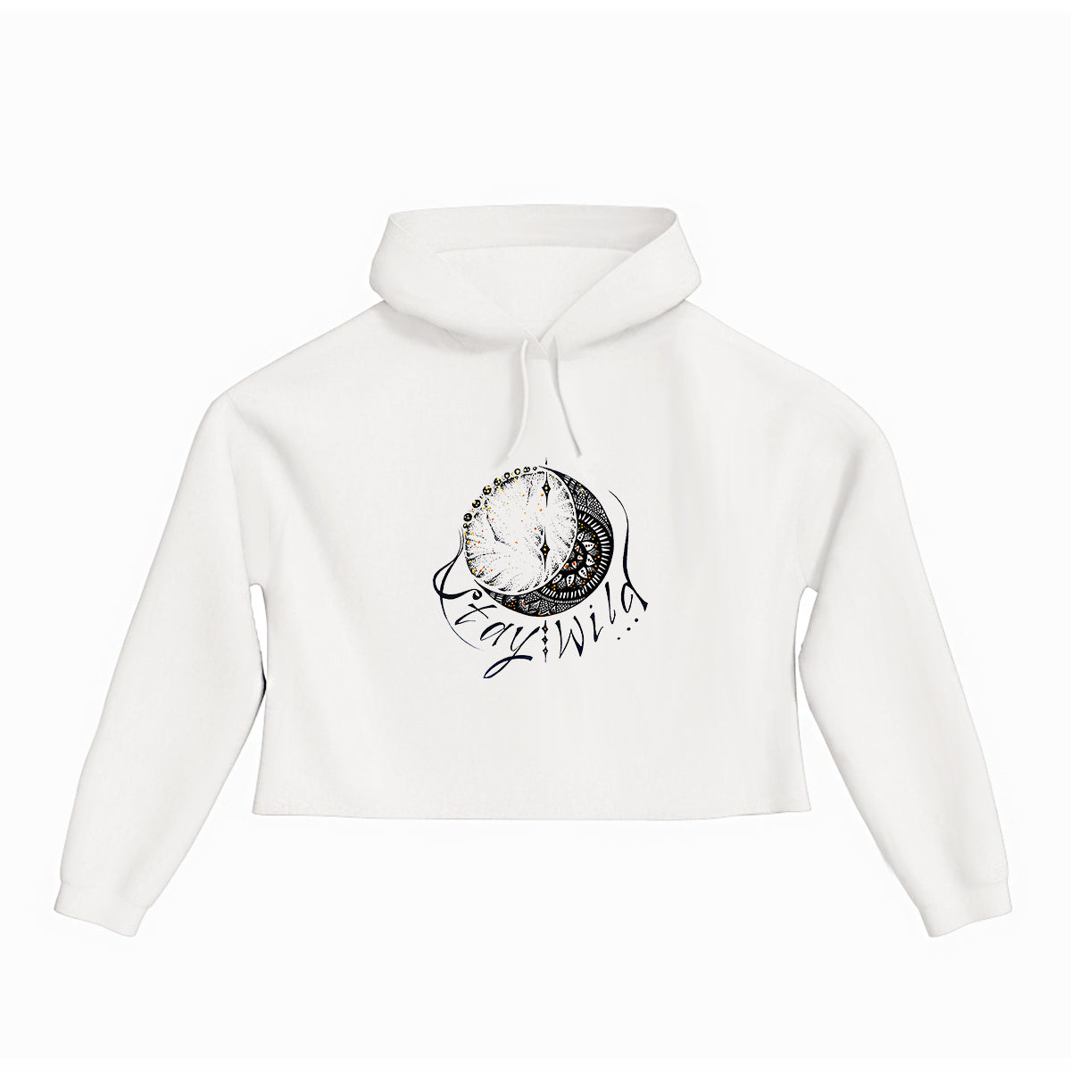 lifestyle apparel, casual clothing, logo tee, cropped hoody, hoody, hoody season, winter wear, winter looks, winter fashion, streetwear, women's fashion, women's looks, lifestyle apparel, casual clothing, unisex, stippled ink, ink art, pointillism, dot work, moon, loon lovers, mandala, love, black and white, stay wild, stipple, wild heart, free spirit