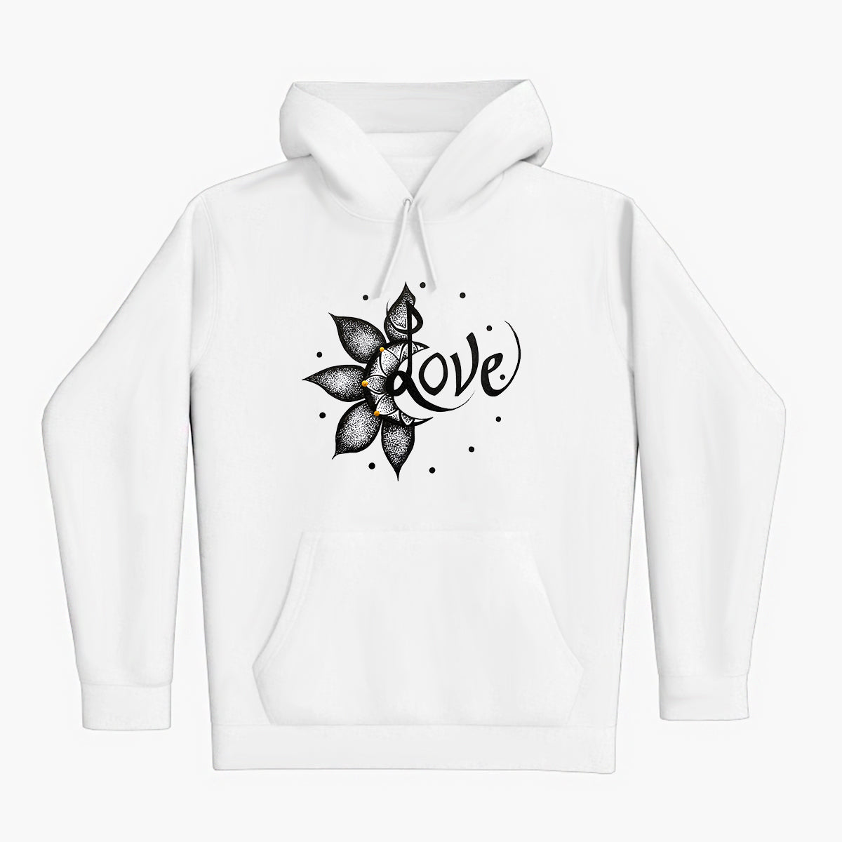 lifestyle apparel, casual clothing, unisex, stippled ink, ink art, pointillism, dot work, flower art, love, black and white, hoodie, hoody, hoody season, fleece, winter fashion,