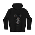 lifestyle apparel, casual clothing, unisex, buck, deer, reindeer, mandala, stippled ink, ink art, pointillism, dot work, animal art, hoody, hoodie, hoody season, fleece, winter looks, winter fashion, winter wear, streetwear